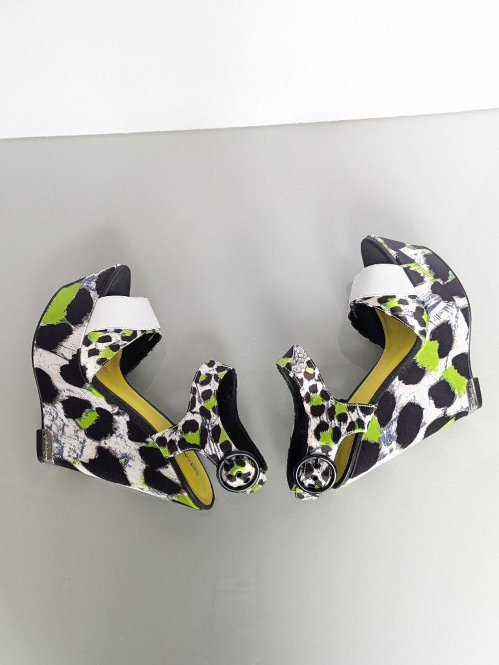 Just Cavalli Y2K Neon Black White Animal Print Open Toe Wedge Heels Size 38 - Picture 9 of 11